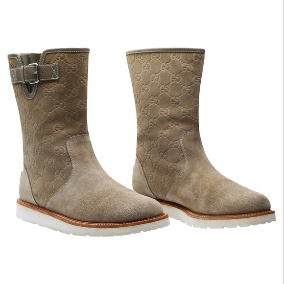 GUCCI “Double G” Embossed Mid-Calf Boots - Suede & Leather -In Original Box-RARE - Picture 6 of 16
